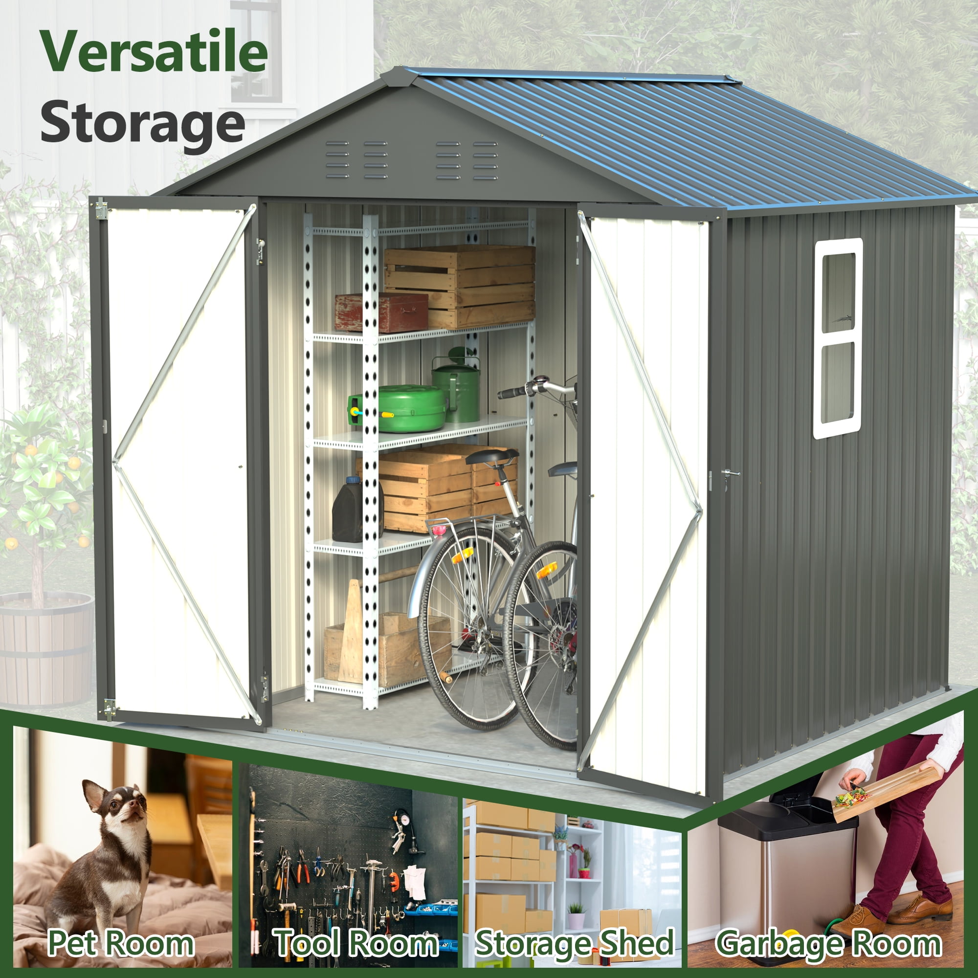 LZBEITEM 6x6 ft Metal Outdoor Storage Shed with Window, Lockable Tool Storage Shed, Steel Garden Sheds with Gable Roof for Backyard, Patio, Garage, Lawn, Black