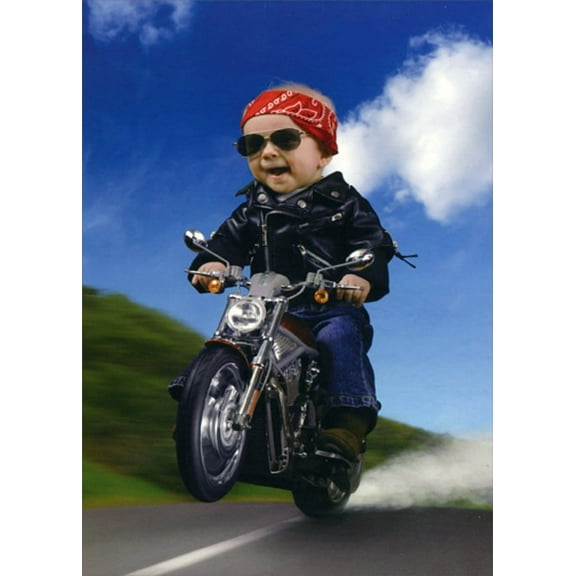 Designer Greetings Boy with Bandana and Leather Jacket on Motorcycle Funny / Humorous Masculine Birthday Card