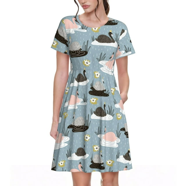 Saiise Robes d'Été à Motif de Princesse Cygne sur Lac pour Femmes, T-Shirt Décontracté à Manches Courtes, Robe de Plage Florale avec Poches