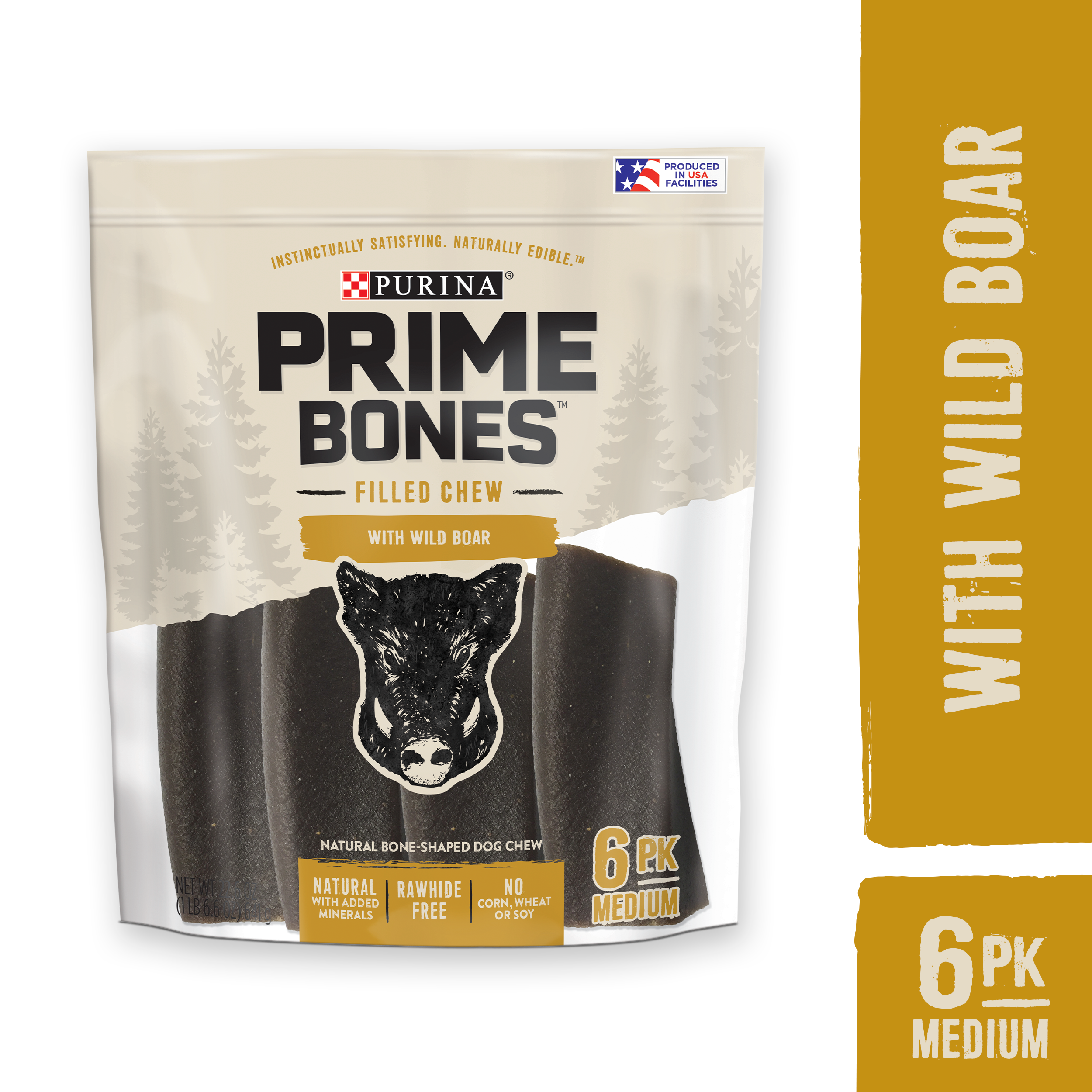 Purina Prime Bones Natural Medium Dog Treats, Filled Chew With Wild