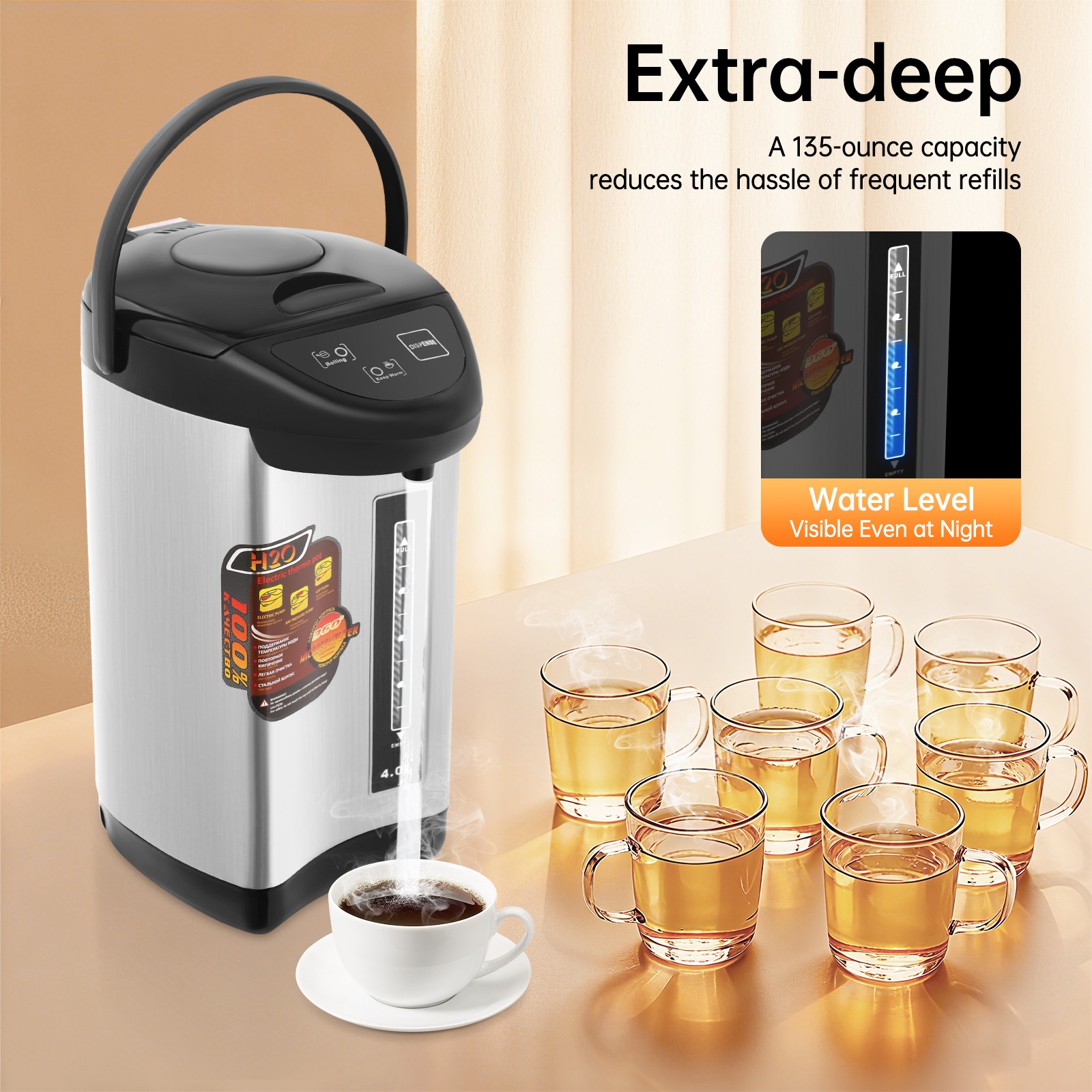 4L(135oz) 304 Stainless Steel Electric Kettle,Electric Tea Coffee Kettle Pot Water Boiler & Warmer Removable Water Tank 3 Water Dispensing Modes for Home Kitchen 110V 750W (Black)