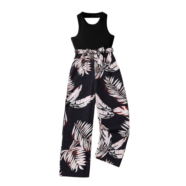 Odeerbi 6-14 Años Niñas Verano Ancha Pierna Rompers Floral Algodón Tanque Sudadera Casual Sin Mangas Cuello Redondo Tanque Superior Suspensión Pantalones Generales