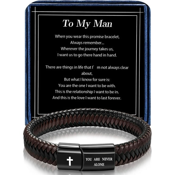 Leather Bracelet for Men Dad Husband Boyfriend Son Grandson Gift, Braided Black Leather Bracelet with Stainless Steel Engraved Joshua Scripture You are Never Alone Jewelry
