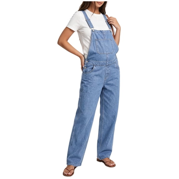 Karymi Overalls for Women, Maternity Denim Overalls, Adjustable Strap Bib Jumpsuit with Front Pocket, Straight Leg Jean Pants with Side Pockets