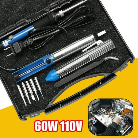 60W 110V Electric Rework Soldering Iron Kit Adjustable Temperature Welding Starter Tool with 5 Different Tips ,Desoldering Pump, Tweezers, Solder Wire +Carry