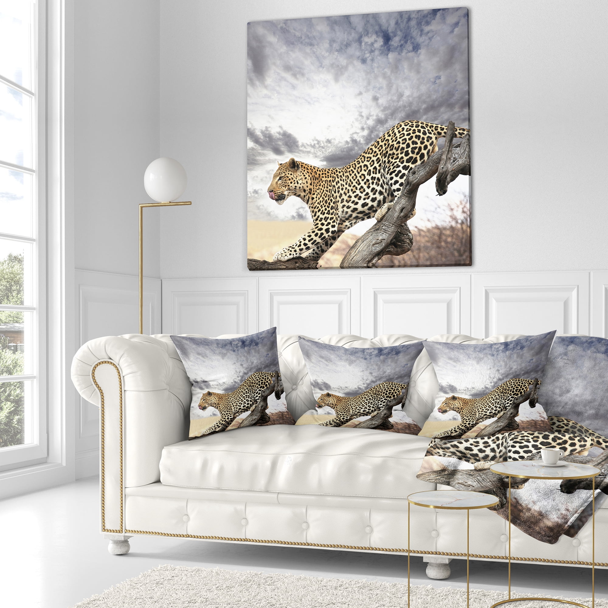Designart Leopard Taking Rest on Tree Trunks - African Throw Pillow - 16x16