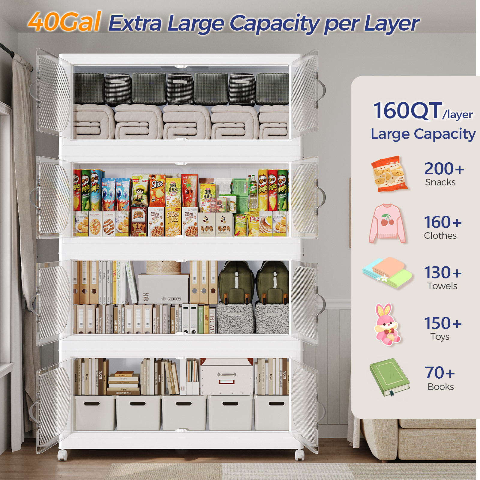 Fangtueh 240GAL Plastic Storage Bins with Lid, 960QT Extra Large Stackable Closet Organizers and Storage, Collapsible Storage Boxes with Wheels, Folding Cabinet for Home Kitchen Office, 6Pack White