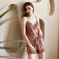 thumbnail image 2 of Women's Satin Pajama Set Silk Cami Shorts Set V Neck Sleeveless Pj Set Summer Sleepwear Lace V Neck Soft Silky Comfy Fall Bean Paste Medium, 2 of 5