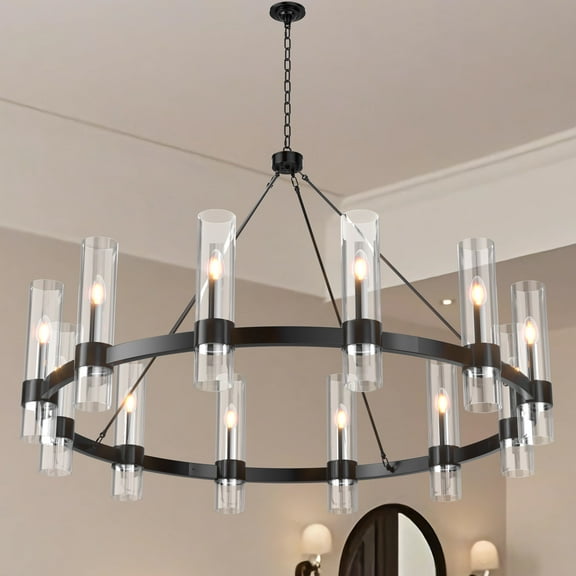 12-Light Black Wagon Wheel Chandelier with Glass Shade, 43.3-Inch Wide Modern Farmhouse Pendant for High Ceilings, Dining Room, Foyer Entryway