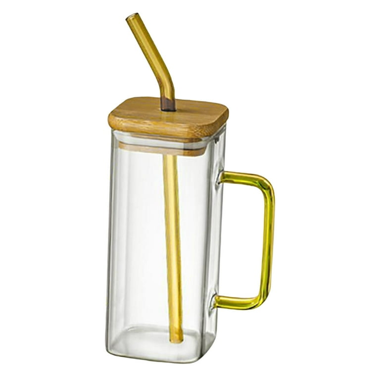 Taza cuadrada,Vaso de vidrio cuadrado 400ml Vasos de vidrio para beber,  Tapas y Mango para Pajitas,Botella de vidrio para beber Vasos transparentes,Taza  de té transparente Estilo F 