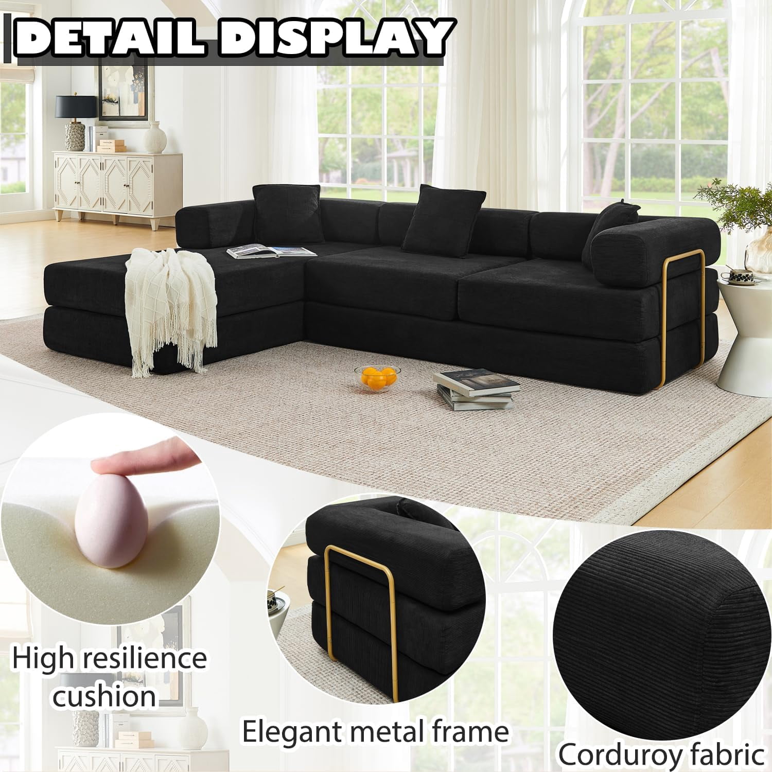 Ywen 108" Modular Sectional Sofa,Futon Convertible Sofa Bed,Oversized Corduroy Boneless Couch for Living Room,Floor Loveseat Sleeper with Pull Out Bed,Free Combination,No Assembly Required (Black)
