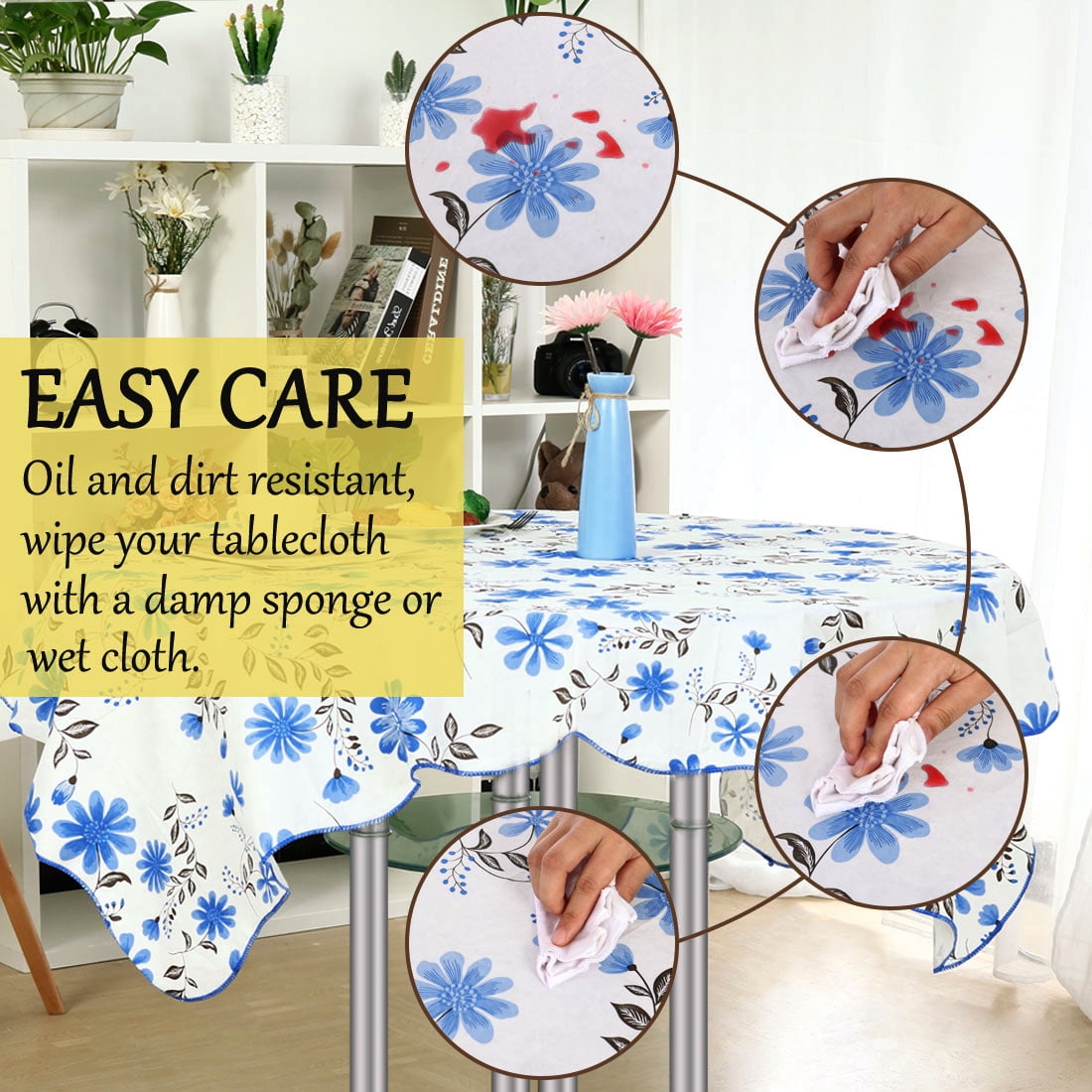 Unique Bargains Vinyl Square Tablecloth Blue Flower 53" x 53"