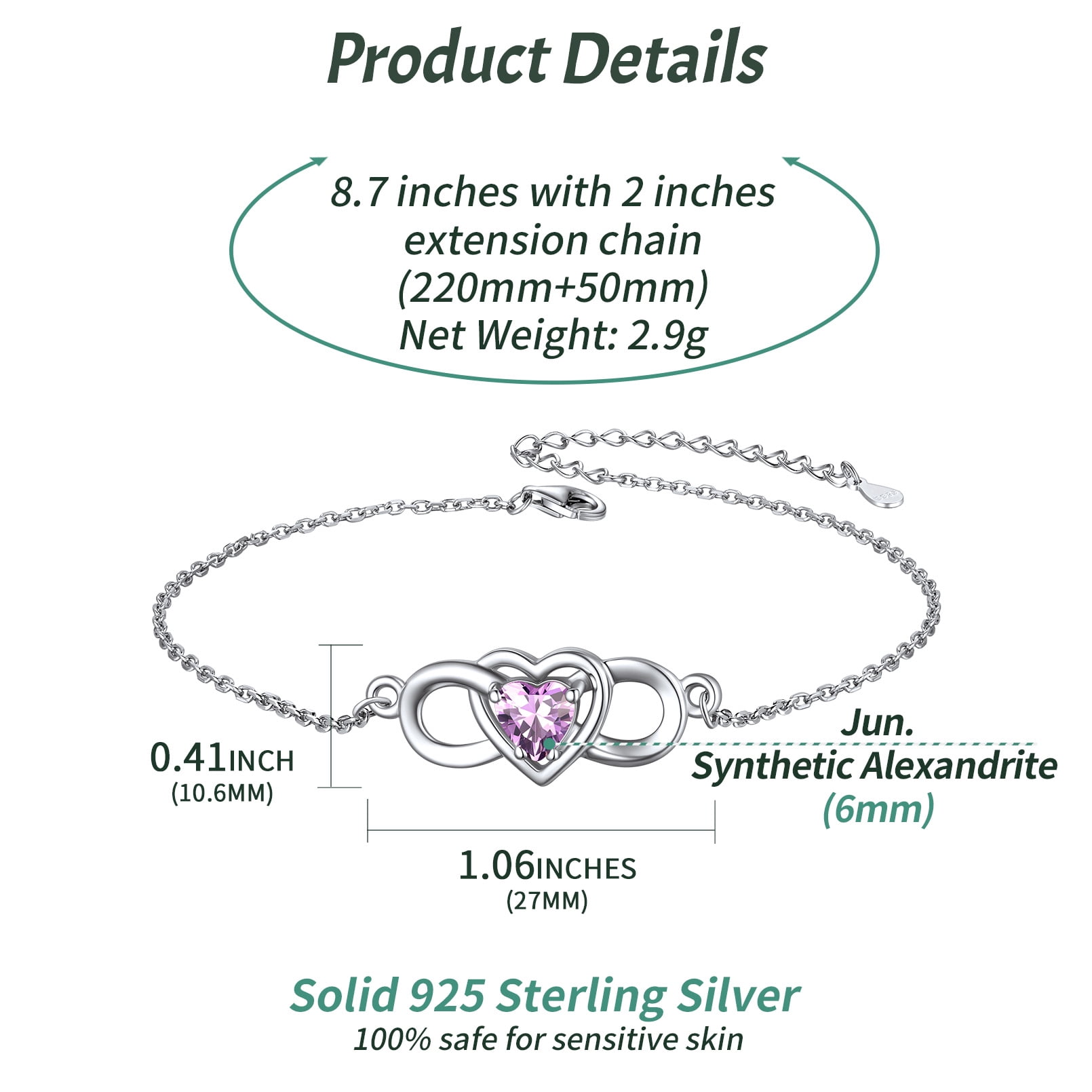 ChicSilver Infinity Love Heart Symbol Charm Anklet for Women 925 Sterling Silver Adjustable Birthday Gift for Mom Women Wife Her Created Alexandrite June Birthstone Jewelry
