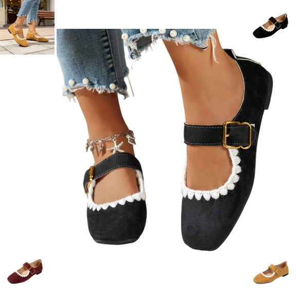 YOUYEDIAN Mary Jane Shoes Women Versatile Slip On Square Toe Comfy Low Heel Flats Lace Deco Casual Fashion Dress Shoes