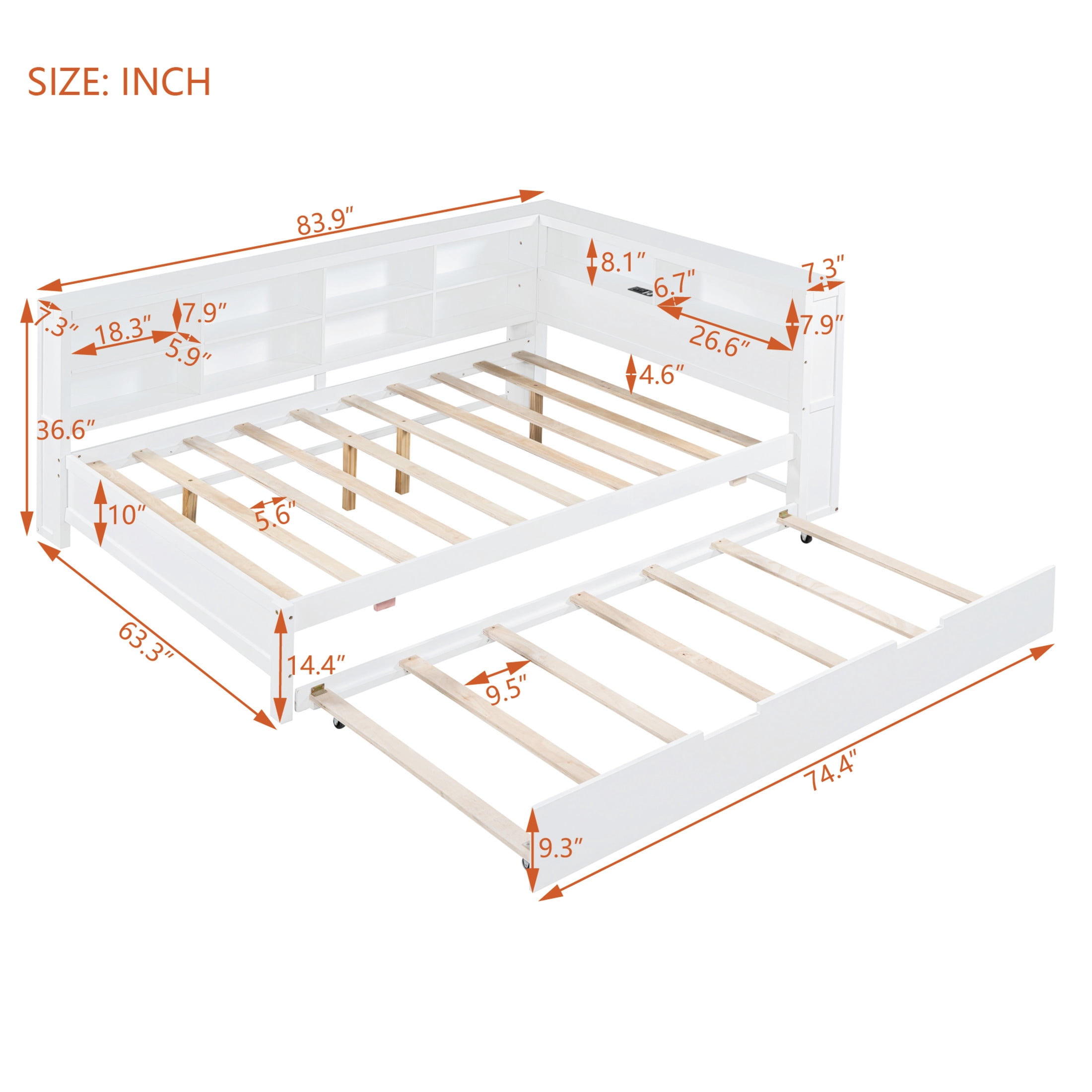 Noble House Full Size Daybed with Twin Trundle, Storage Shelves and USB Charging Ports, White