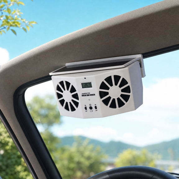 Solar Car Window Mount Exhaust Fan with Built-in Battery - Dual-Fan Air Circulation, Digital Interior Temperature Display, Deodorization, Defogging, ABS/Iron white