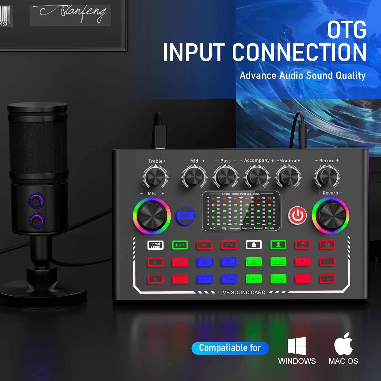 Live Sound Card, Wireless Bluetooth Audio Mixer, Podcast Audio Mixer with RGB Colorful Buttons, All-in-One Podcast DJ Device Live Broadcast Sound Card for PC Phone Karaoke Singing Gaming (Black)