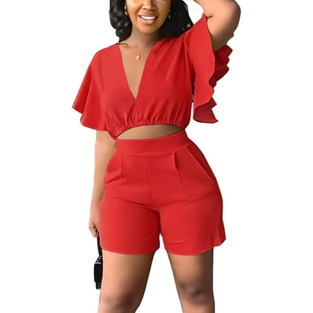

Lumento Ladies Cropped Top And Shorts Joggers 2 Piece Outfits Baggy High Waisted Pajamas Loose Fit Solid Color Loungwear Red M