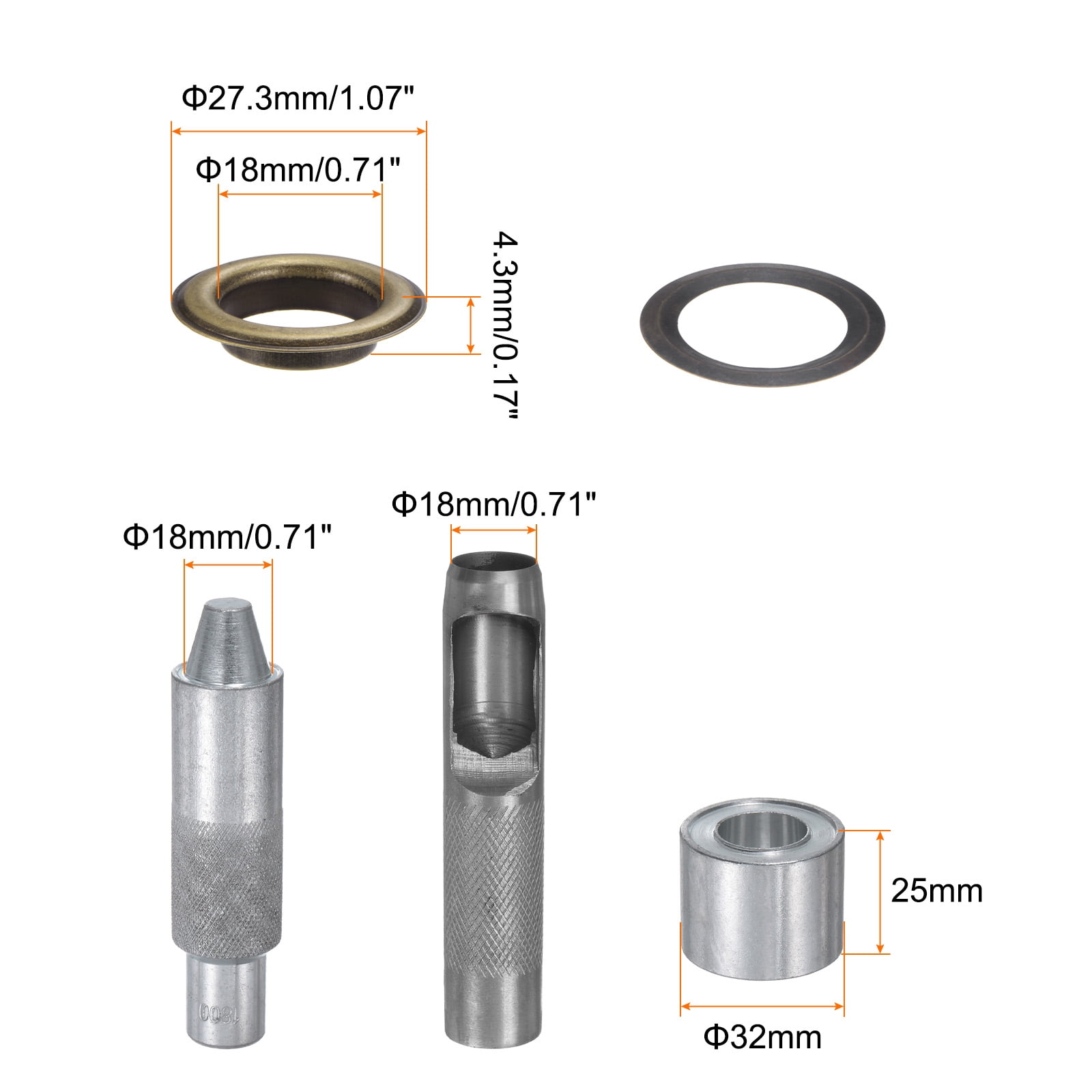 Uxcell 100pcs Grommet Tool Kit 18mm Grommet Eyelet Set with Hole Hollow Punch, Grommet Setter Tools, Bronze