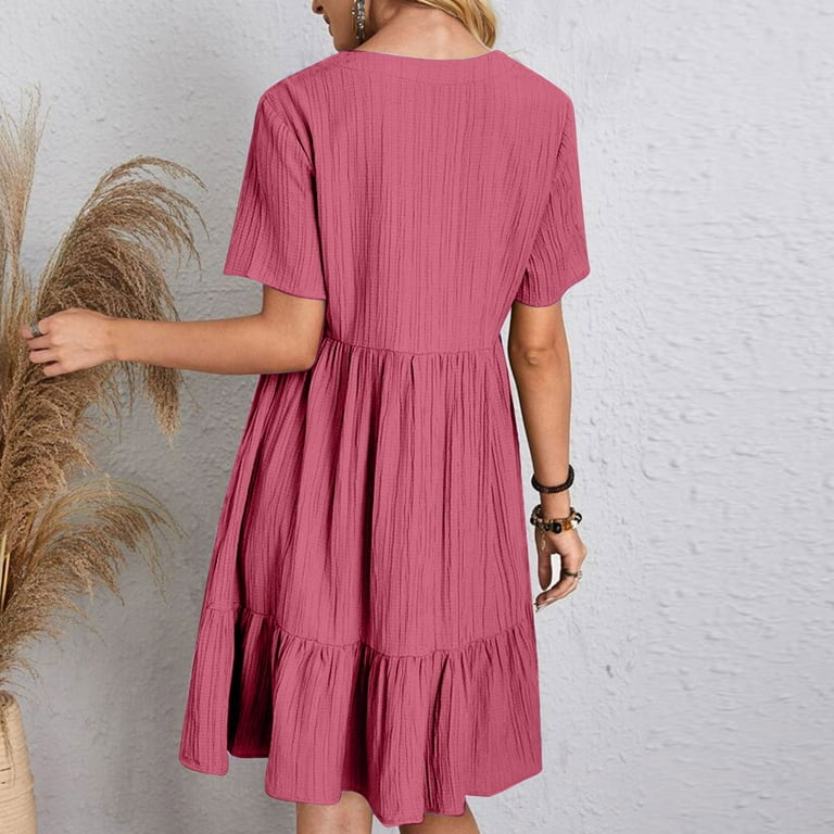 Annhoo Summer Dresses for Women Short Sleeve V Neck Tiered A-Line Ruffle  Hem Flowy Casual Comfy Beach Mini Sundress - Walmart.com