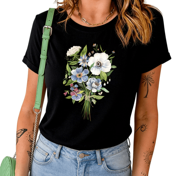 UNISHE Women's Boho Wildflower Bouquet Graphic Short Sleeve T-Shirt Casual Cotton Crewneck Summer Top