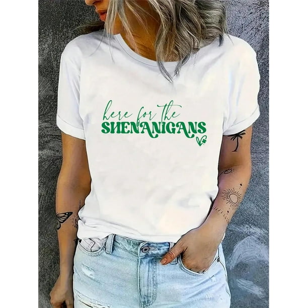 Camiseta básica para mujer veranoHere For Shenanigans Print,Funny St Patricks Day Tshirt, Cotton Soft Breathable Comfort-Fit Crew NeCamisetas de verano para mujer, manga corta, cuello redondo, casu