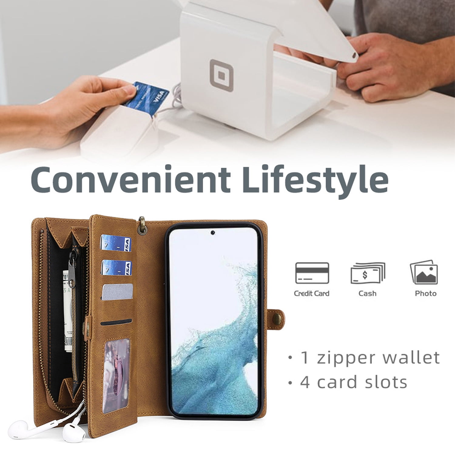 for Samsung Galaxy S24 Plus Wallet Case, Durable PU Leather 2-in-1 Detachable Magnetic Flip Phone Case for Samsung Galaxy S24 Plus Case Wallet with Card Holder Slots Zipper Pouch for Women Men,Brown