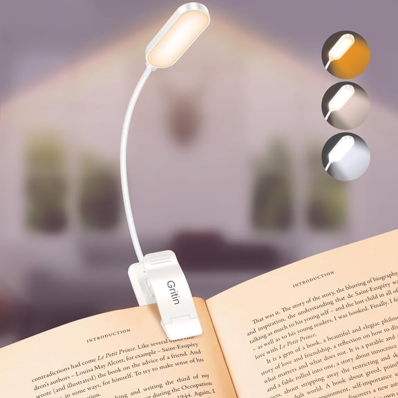 Gritin 16 LED Rechargeable Book Light for Reading in Bed- Eye Caring 3 Color Temperatures, Stepless Dimming Brightness, 80 Hrs Runtime, Lightweight Flexible Clip on Light for Book Lovers