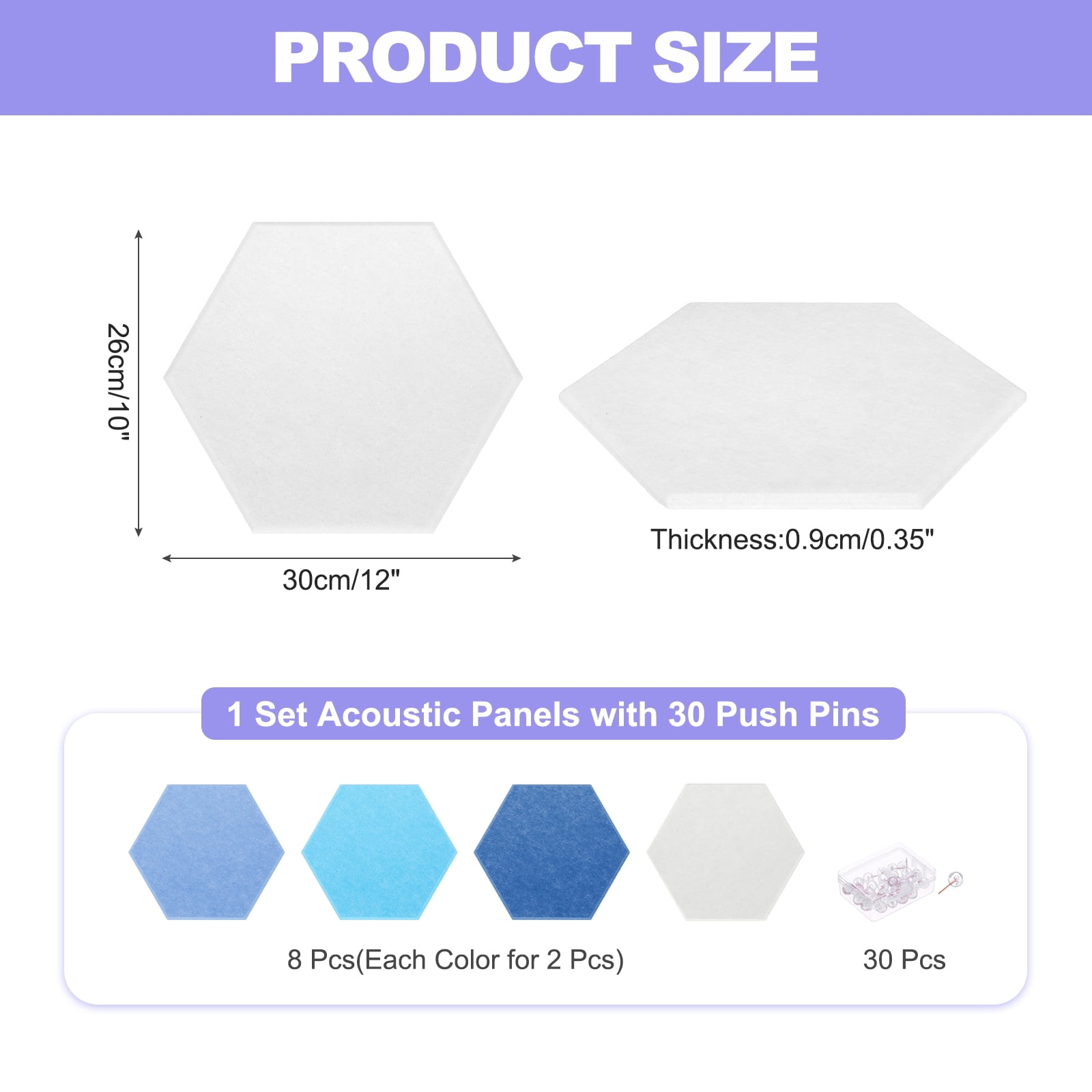 Hexagon Acoustic Panels Fireproof Soundproof Foam Panels with 30 Push Pins(White, Light Blue, Sea Blue, Telecom Blue)