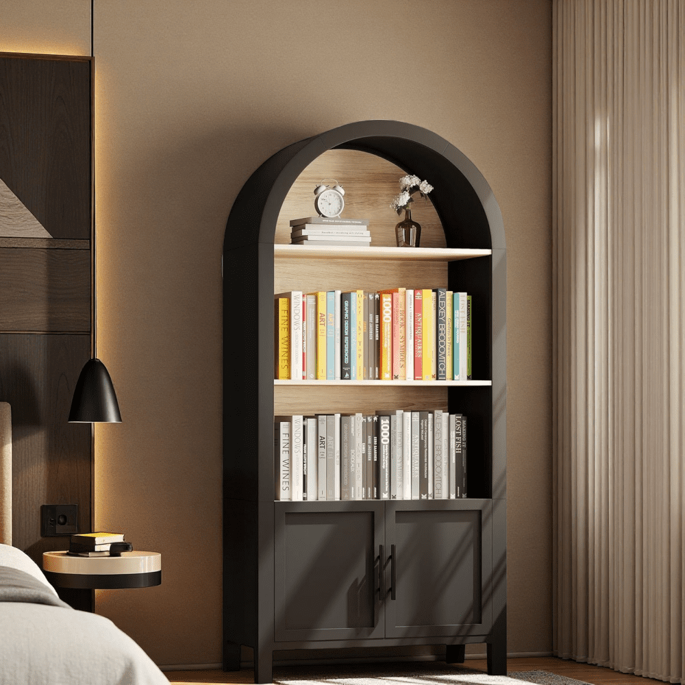 WARMMUSE 66.7" Tall Arched Bookshelf, Mid-Century Modern Bookcase Display Shelf with Cabinet and 3 Shelves, Black and Natural Wood