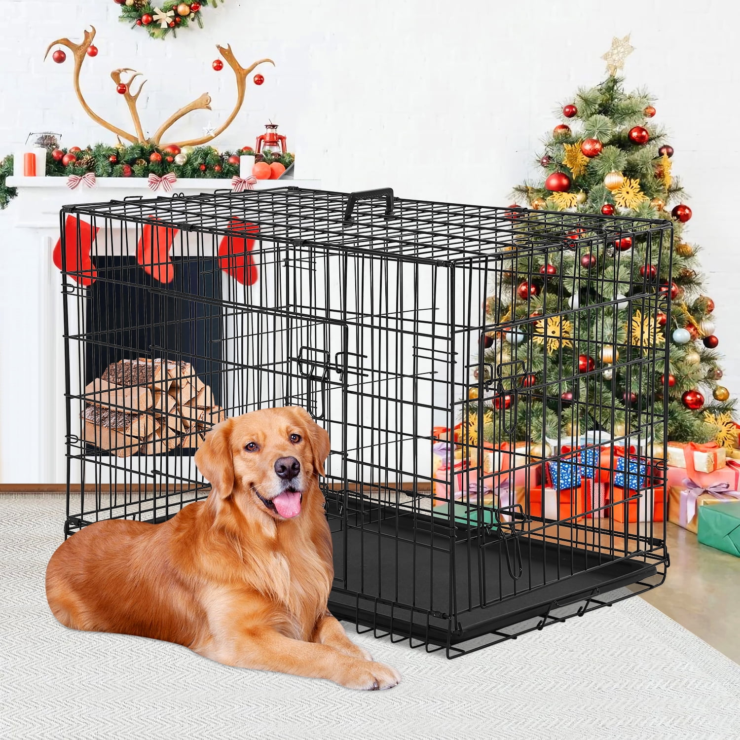Large Dog Crate 48 Inch Metal Wire Dog Cage, Double-Door Folding