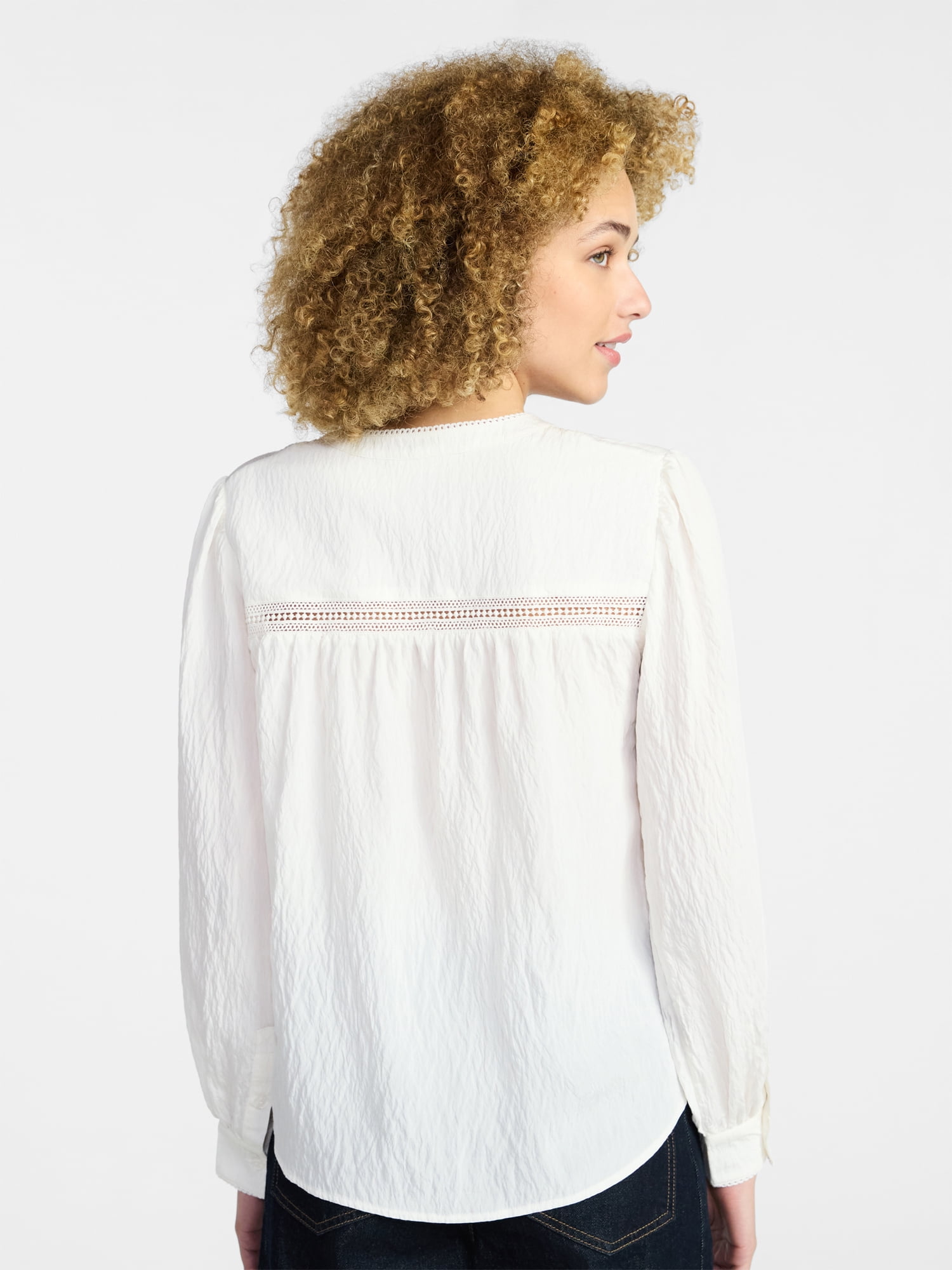 Time and Tru Women's Lace Yoke Half Button Shirt with Long Sleeves Sizes XS-XXXL