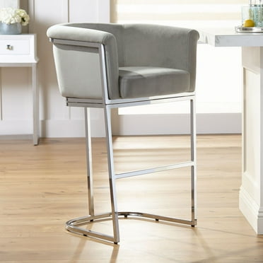 Studio 55D Reign Chrome Bar Stool 31" High Modern Gray Velvet Upholstered Cushion with Backrest Footrest for Kitchen Counter Height Island Home Shed
