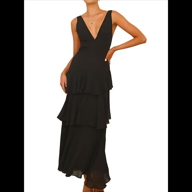 Vestidos de Dama de de Escalonada para Mujer, Vestidos de Noche Formales con Volantes, Largos y Plisados. Negro S