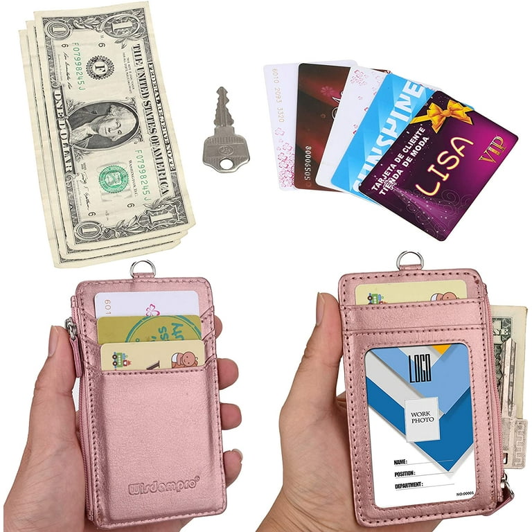 Leather ID Badge Card Holder Wallet with 5 Card Slots, Zipper and Lanyard