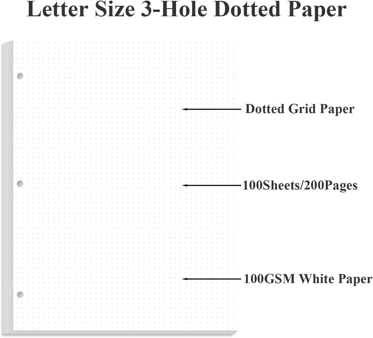 3-Hole Dotted Paper Refills, Letter Size 100Sheets / 200Pages Loose-Leaf Paper, 100gsm, White, 8.5'' x 11''