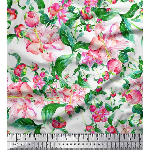 Soimoi Modal Satin Fabric Leaves & Buds Flower Print Fabric by The Yard 42 Inch Wide