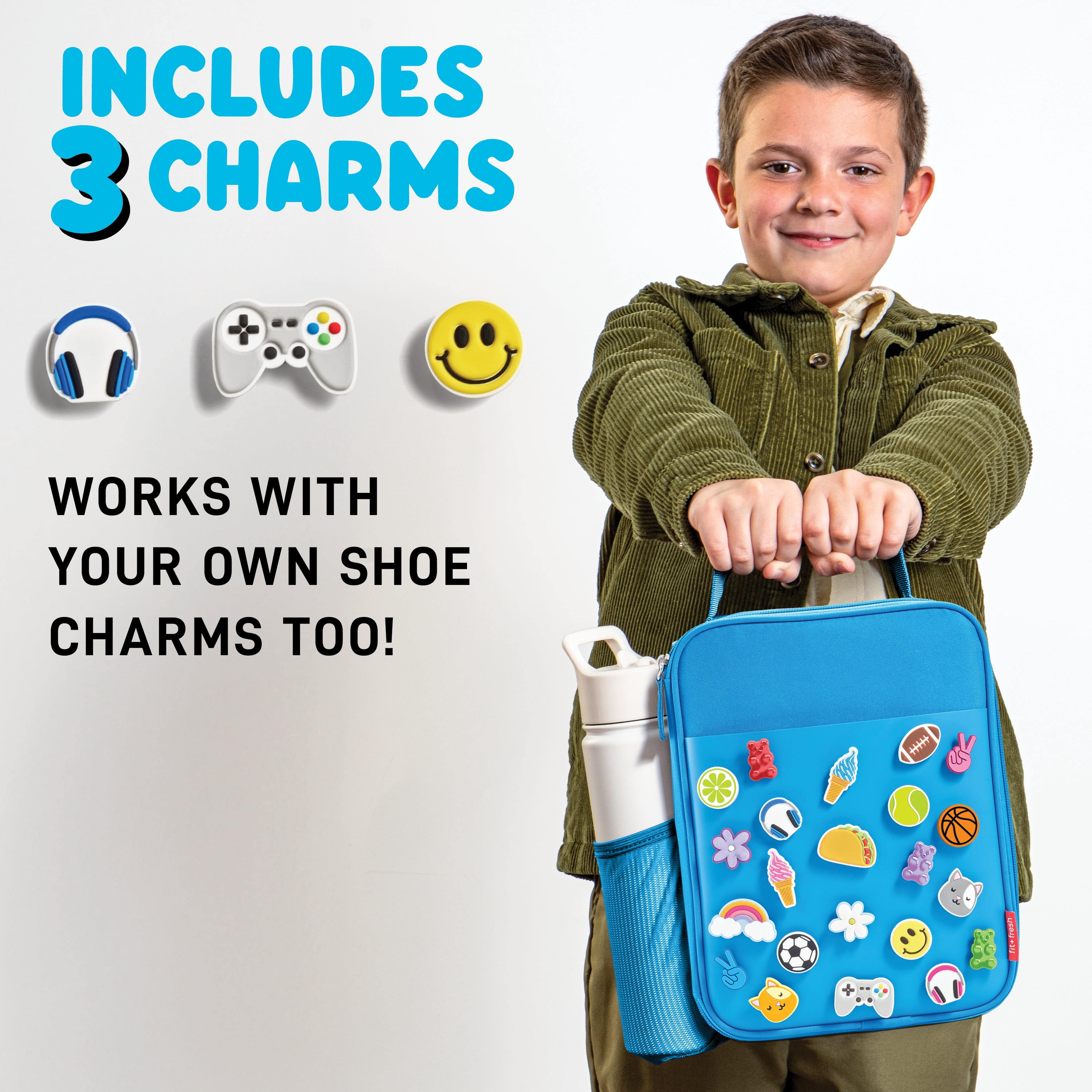 Fit+Fresh Charm Insulated Lunch Bag For Kids, Boys+Girls With Shoe Charm Slots, Teal