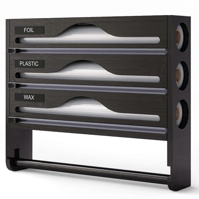 Cling Film and Foil Dispenser 4 IN 1 Black Kitchen Organizer with Cutter and Storage for Plastic Wrap and Aluminum Foil