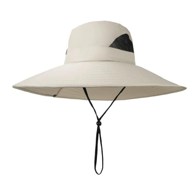 Sombrero tipo pescador de malla transpirable con ala ancha y ajuste regulable, protección UV, ideal para actividades al aire libre y plegable.