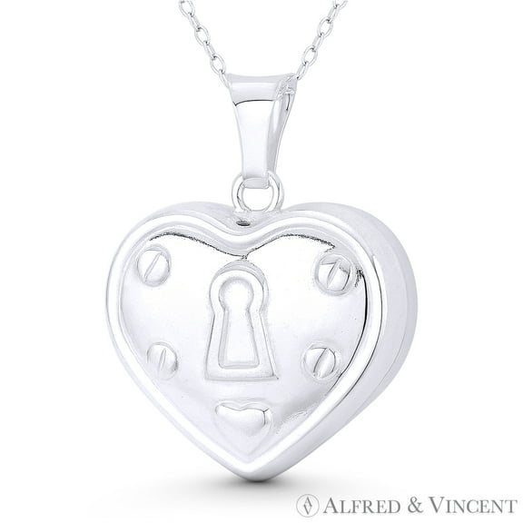 Heart Lock Love Charm Reversible 3D 34x27mm (1.3x1.1in) Pendant & Chain Necklace in .925 Sterling Silver