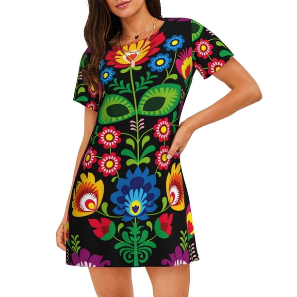 Fotbe Traditional Floral Polish Bata de Dormir para Mujer con Estampado, Camisón de Algodón de Manga Corta, Ropa de Dormir Casual