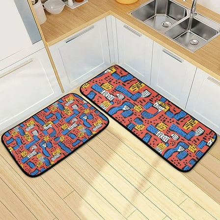 Irregular Red on Blue Kitchen Mat Set of 2 Cushioned Non Slip Rugs for Bedroom Floor Runner Mats