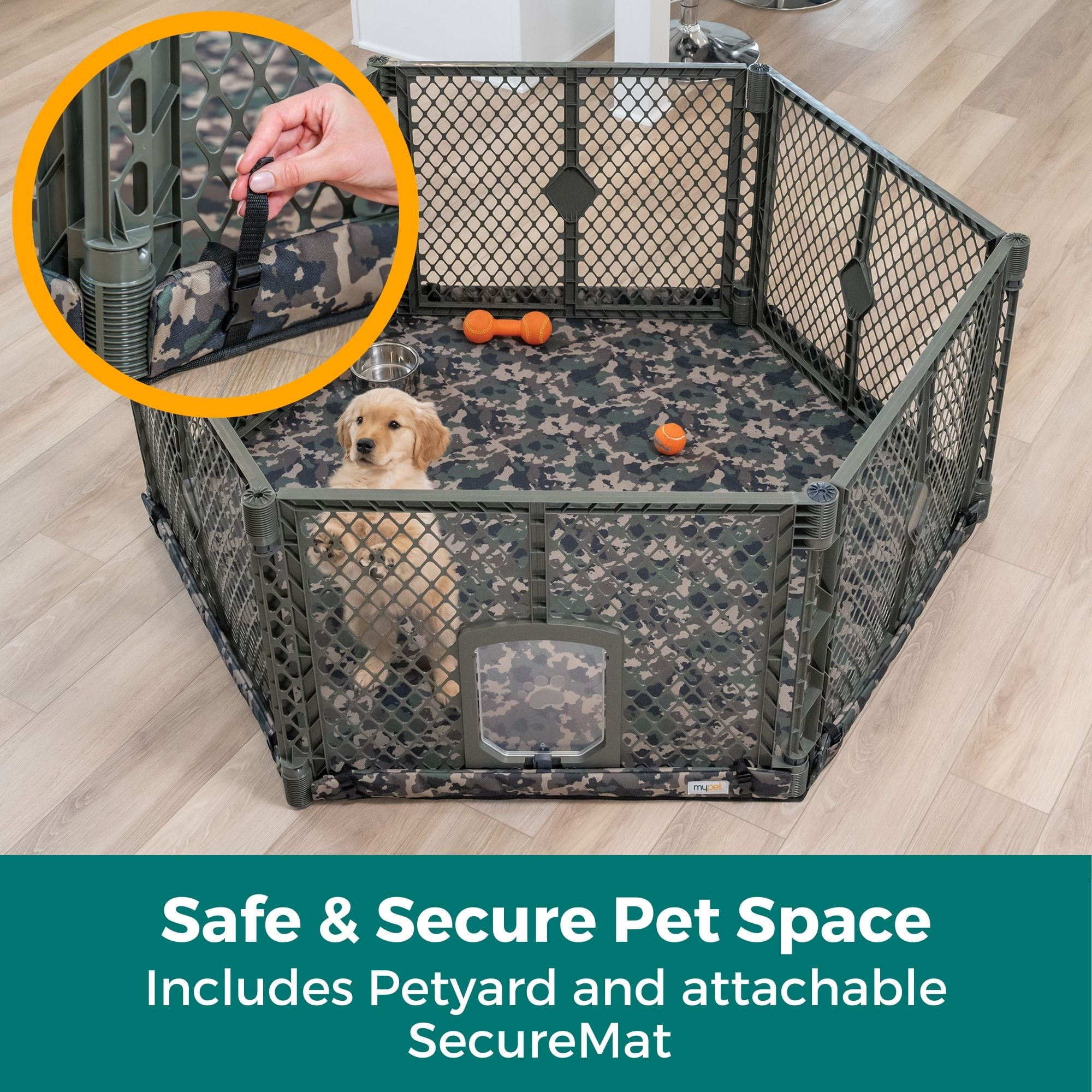 Petyard Protect Bundle, 6-Panel Indoor & Outdoor Playpen and Mat for Dogs, Green Camo