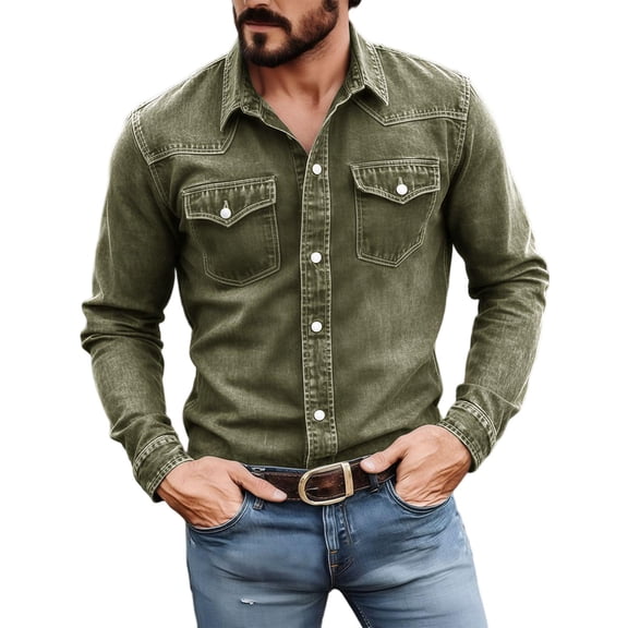 Cmfcve Slim Fit Shirt for Men Long Sleeve Button Down Shirts Fashion Casual Vintage Work Shirts with Flap Pockets