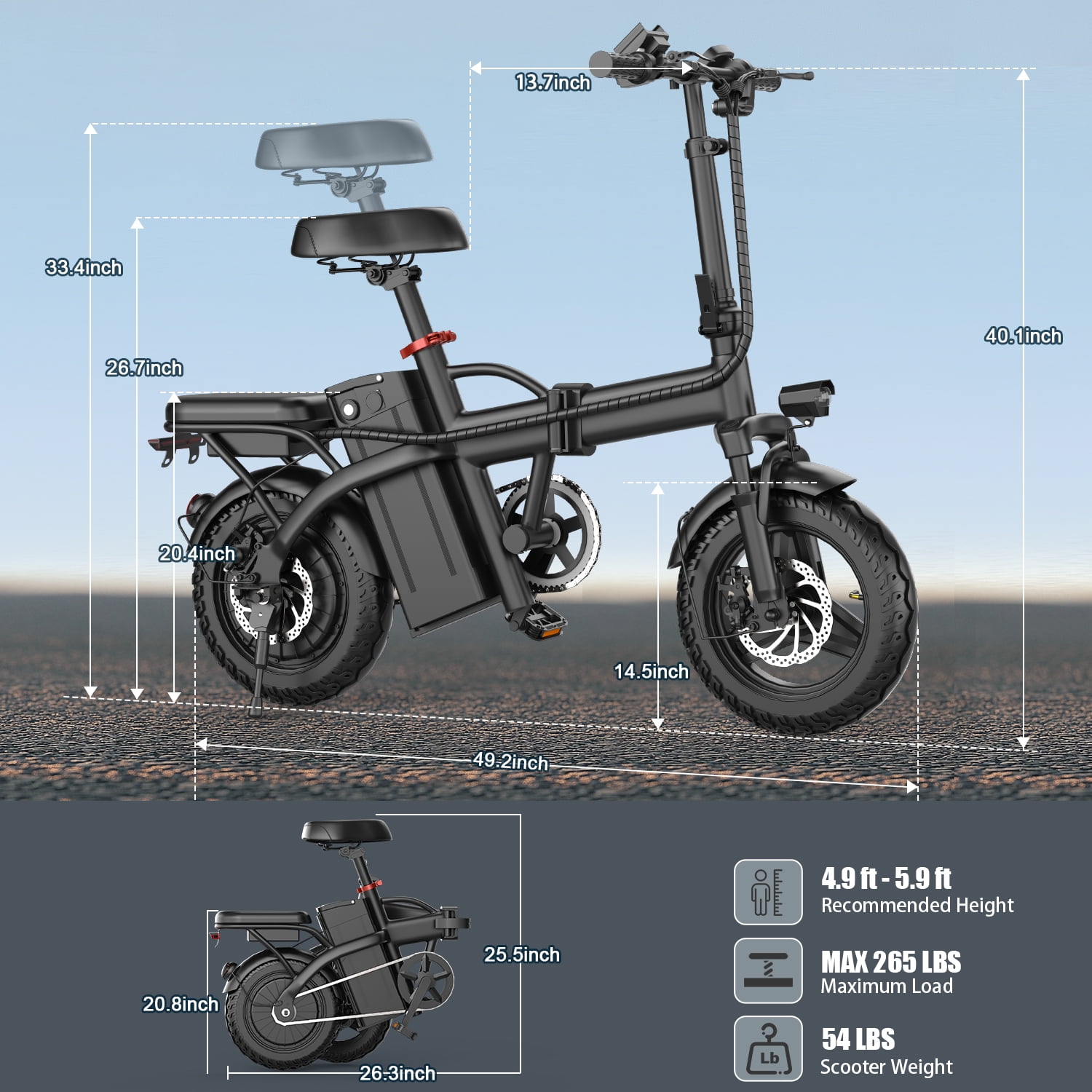 14" Electric Bike with Dual Front Suspension，500W Folding Ebike, Up to 25Miles 20MPH, 48V Removable Lithium-Battery, Stylish 14" Foldable Commuting Electric Bicycle for Women & Men