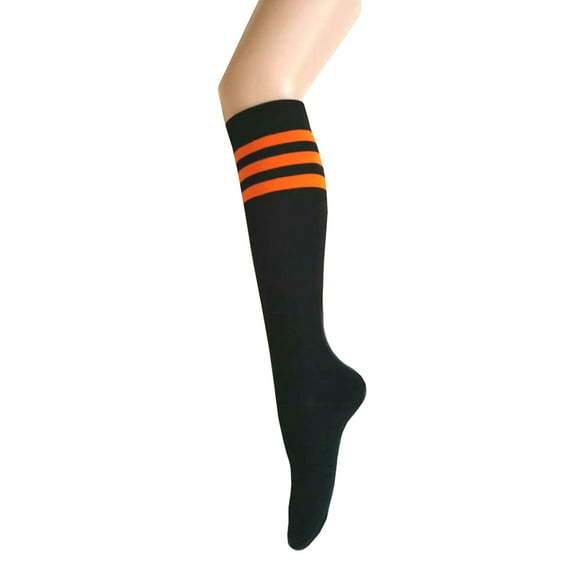 Women and Girls Roller Skate Retro Triple Stripes Tube Knee High Socks In Black with Orange Color