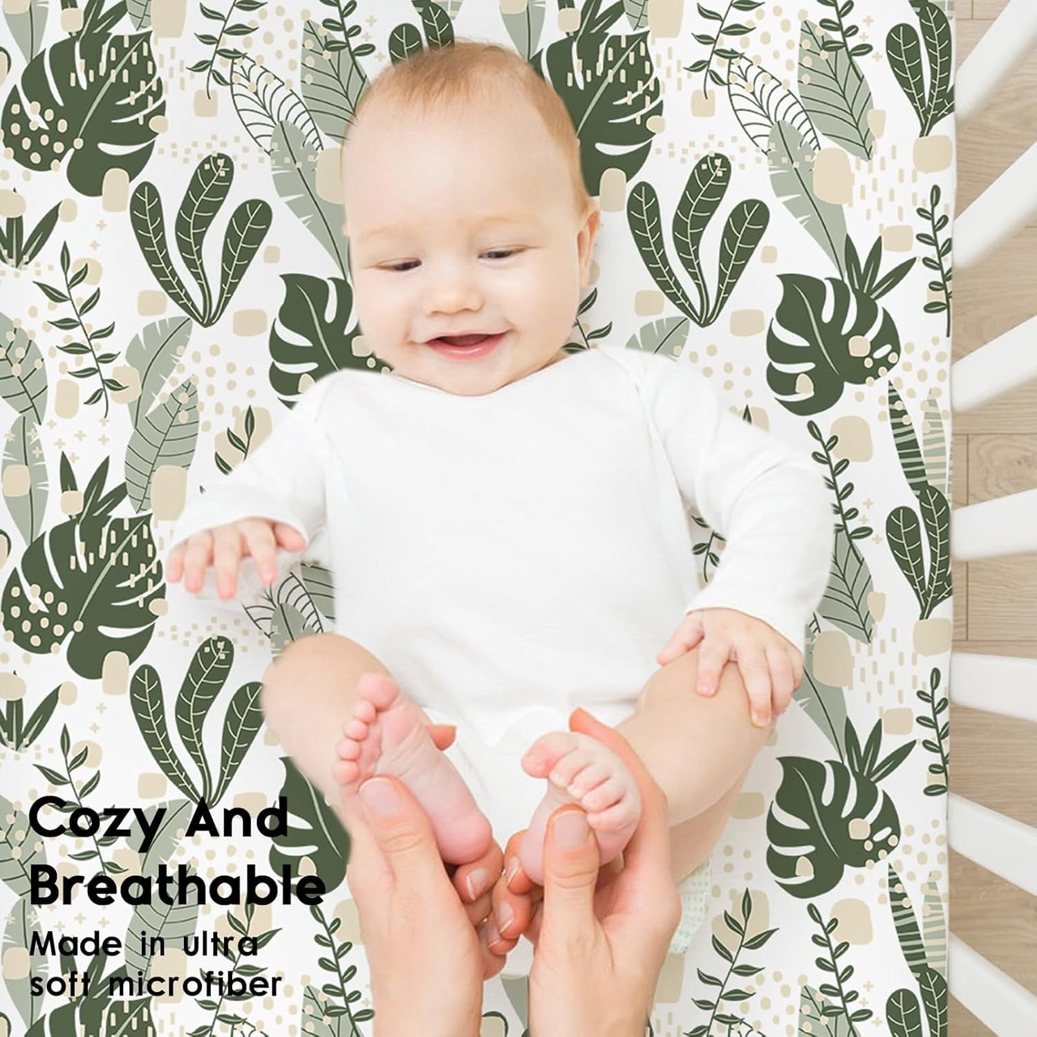 JJEAN-Pack and Play Sheets Fitted, Mini Crib Sheets 2-Pack for Pack N Play Mattress, Stretchy Playard Sheet, Soft and Breathable (Green + Banana Leaves)