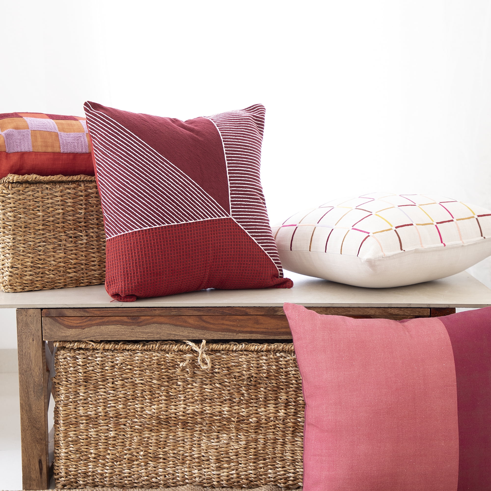 Harlow Hill and Stacy Garcia 24" x 24" Red/White Embroidered Geometric Cotton Adult Decorative Throw Pillow