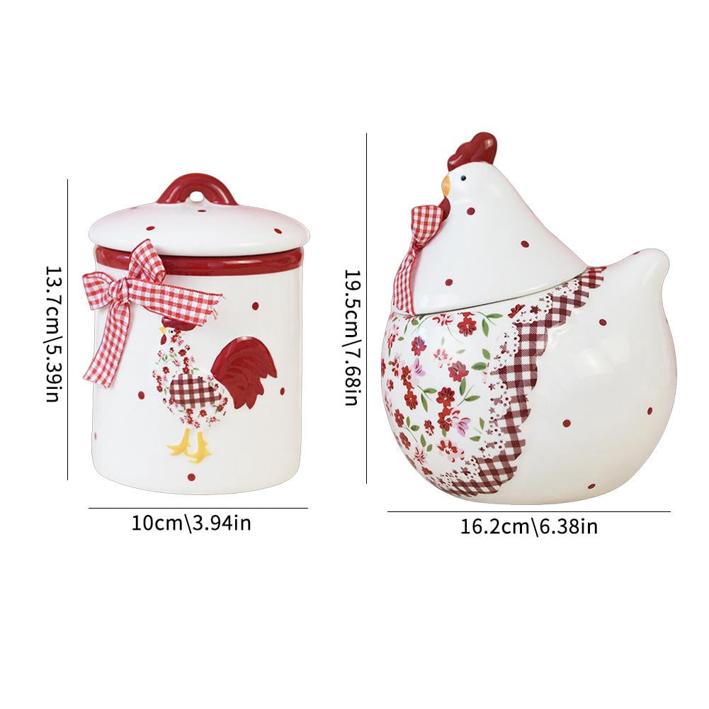 Ceramic Easter Sugar Canister with Rural Chicken & Floral Pattern, Rooster Hen Cookie Jar, Airtight Food Storage Container, Red